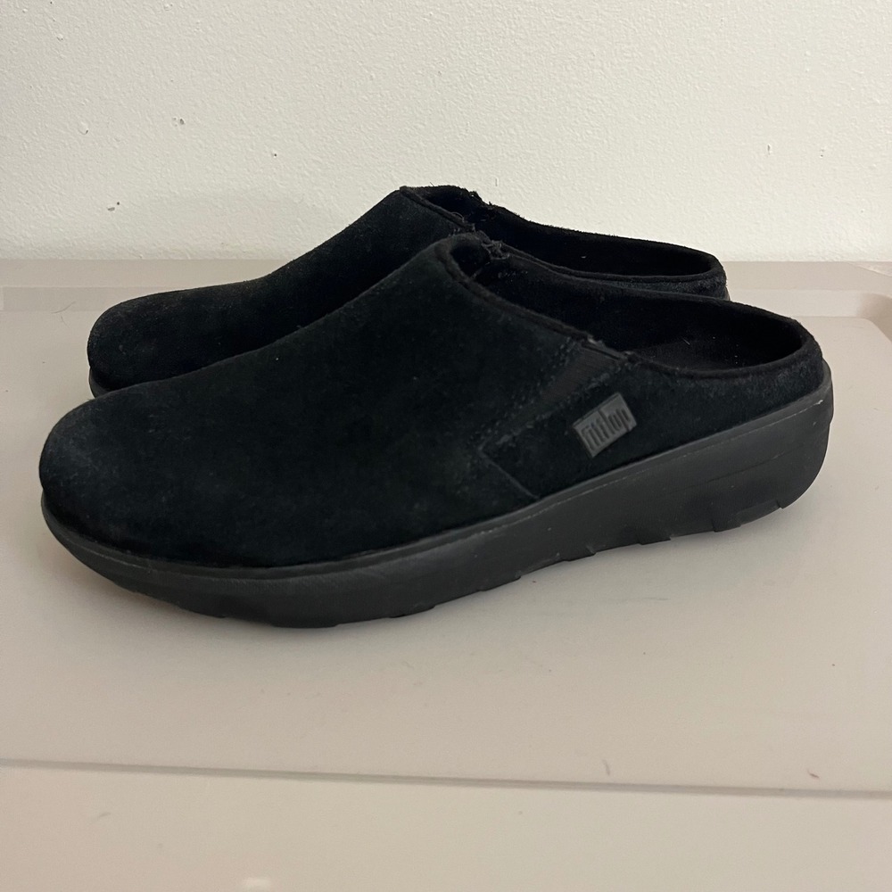 FitFlop Shuv Suede Clog Women 7 Black Microwobbleboard Slip On Comfort Shoe